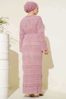 Şerit Ajur Desen Triko Elbise Pudra - Elbise