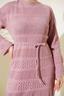 Şerit Ajur Desen Triko Elbise Pudra - Elbise