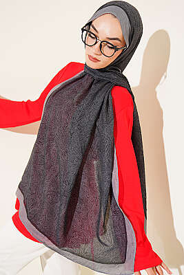 Şerit Detaylı Etnik Desenli Şal Füme - MODA KAPRİS