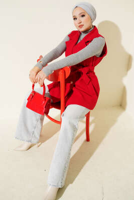 Sıfır Kol Kuşaklı Kaşe Yelek Kırmızı - BERAT TEKSTİL