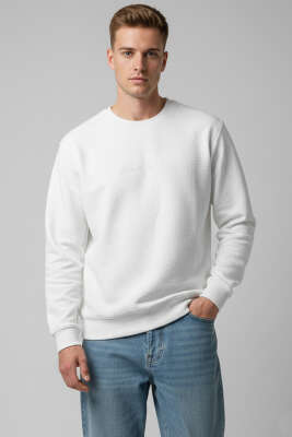  Sıfır Yaka Erkek Sweatshirt Beyaz - DYNAMO