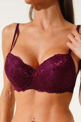 Silikonlu Destekli Dantelli Sütyen Mürdüm 