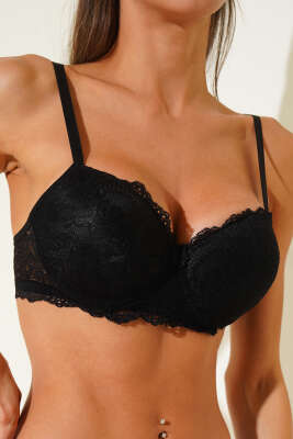 Silikonlu Destekli Dantelli Sütyen Siyah 