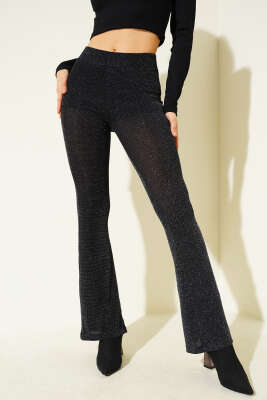 Simli İspanyol Paça Pantolon Siyah