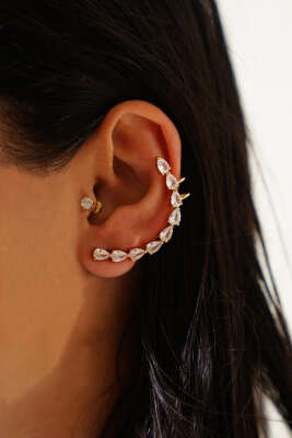 Sıra Damla Taşlı Tragus Küpe Gold - Küpe