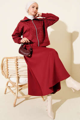 Sıra Taşlı Etekli Scuba İkili Takım Bordo 