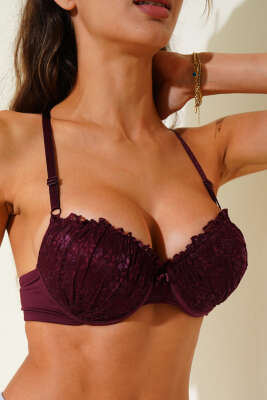 Sırtı Çapraz Dantelli Destekli Sütyen Koyu Mürdüm - ECEM YILDIZ