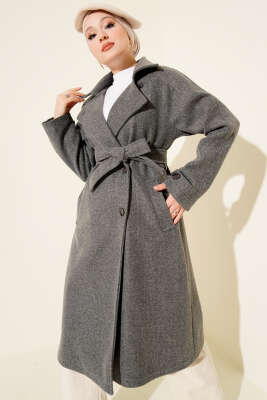 Tahta Düğmeli Kruvaze Yaka Kaşe Kaban Füme