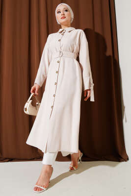 Tahta Düğmeli Kuşaklı Tensel Uzun Gömlek Bej