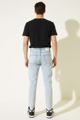 Tapered Fit Erkek Kot Pantolon Mavi Kar - Erkek Pantolon