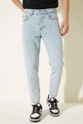 Tapered Fit Erkek Kot Pantolon Mavi Kar - Erkek Pantolon