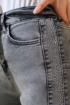 Taş Şeritli Dar Paça Pantolon Gri - Pantolon
