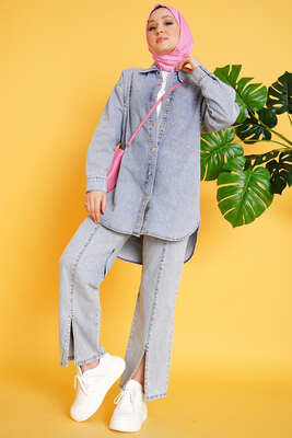 Taş Süsleme Denim İkili Takım Açık Mavi - İKİLİ TAKIM