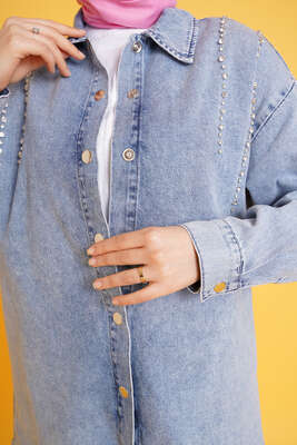 Taş Süsleme Denim İkili Takım Açık Mavi - İKİLİ TAKIM