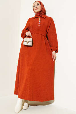 Taşlı Çıtçıt Düğmeli Kuşaklı Elbise Kiremit 