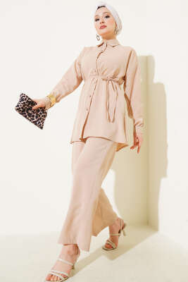 Taşlı İp Kuşaklı İkili Takım Bej 