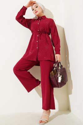 Taşlı İp Kuşaklı İkili Takım Bordo 