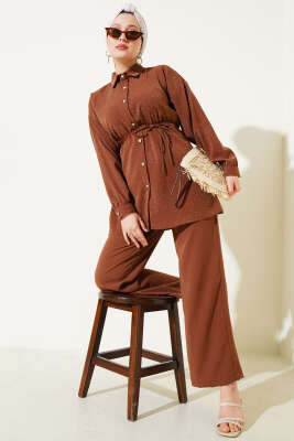 Taşlı İp Kuşaklı İkili Takım Kahve - İkili Takım