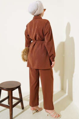 Taşlı İp Kuşaklı İkili Takım Kahve - İkili Takım