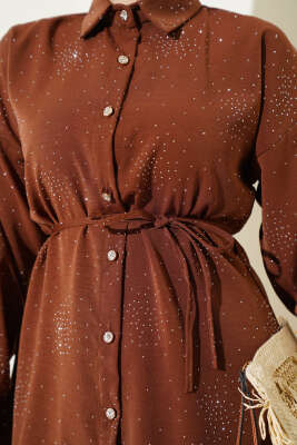 Taşlı İp Kuşaklı İkili Takım Kahve - İkili Takım