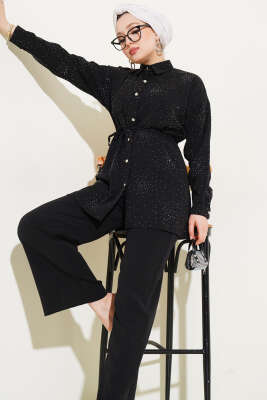 Taşlı İp Kuşaklı İkili Takım Siyah 