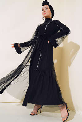 Taşlı Kat Tül Abaya Siyah - ZAMANE (QSS)