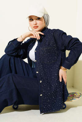 Taşlı Metal Düğmeli Kot İkili Takım Lacivert - HATUN