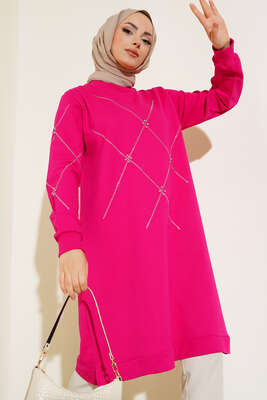 Taşlı Uzun Tunik Fuşya - Tunik