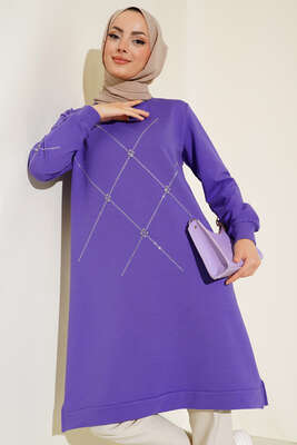 Taşlı Uzun Tunik Mor - Tunik