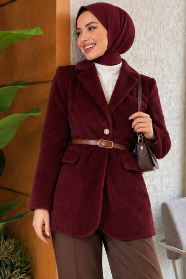 Tek Düğmeli Kemerli Sakallı Ceket Bordo - Yeni Sezon Kadın Ceket