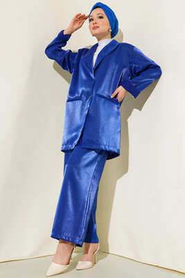 Tek Düğmeli Saten Takım Saks - VAV TEKSTİL