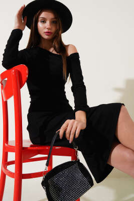 Tek Omuz Basic Elbise Siyah - Yeni Giyim