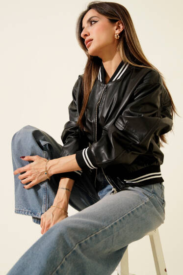 Torba Cepli Ribanalı Kısa Deri Ceket Siyah - Kadın Giyim Modelleri