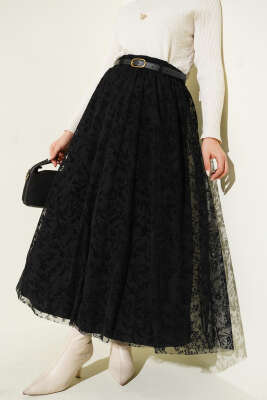 Tül Çiçekli Kemerli Etek Siyah