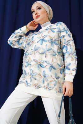 Tül Çiçekli Triko Tunik Bej - HATUN