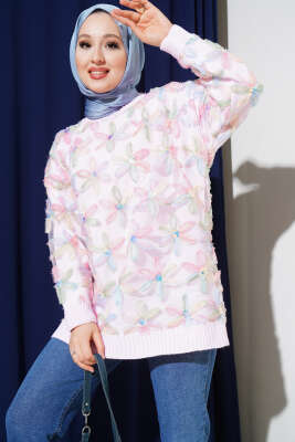 Tül Çiçekli Triko Tunik Pembe - HATUN