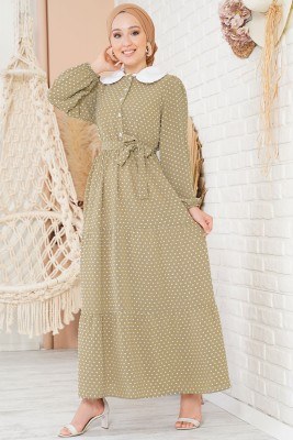 Tüvit Görünümlü Bebe Yaka Camel Elbise - Tesettür Elbise