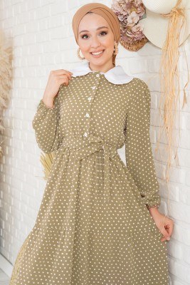 Tüvit Görünümlü Bebe Yaka Camel Elbise - Tesettür Elbise