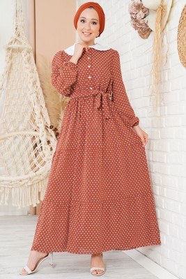 Tüvit Görünümlü Bebe Yaka Kiremit Elbise 