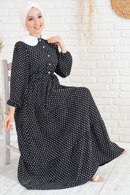 Tüvit Görünümlü Bebe Yaka Siyah Elbise 