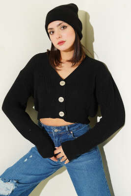 Üç Düğmeli Triko Crop Hırka Siyah