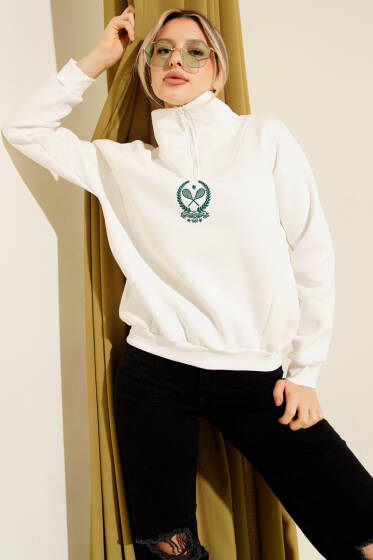Üç İplik Dik Yaka Sweatshirt Ekru - İndirimli Tesettür Bluz