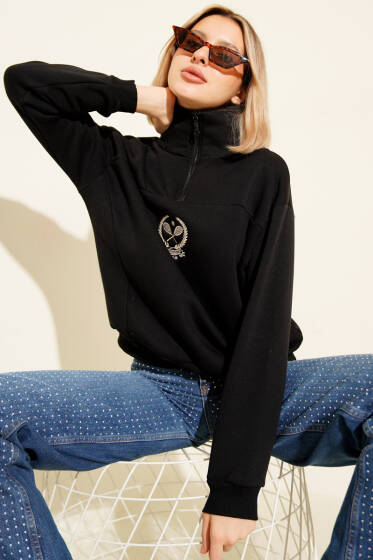 Üç İplik Dik Yaka Sweatshirt Siyah - İndirimli Tesettür Bluz