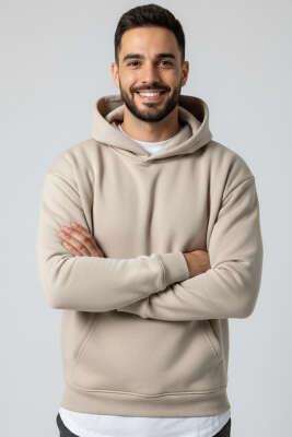 Üç İplik Kapüşonlu Unisex Sweatshirt Bej - GÜRZA TEKSTİL