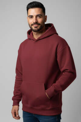 Üç İplik Kapüşonlu Unisex Sweatshirt Bordo - GÜRZA TEKSTİL