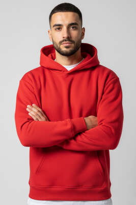 Üç İplik Kapüşonlu Unisex Sweatshirt Kırmızı - GÜRZA TEKSTİL
