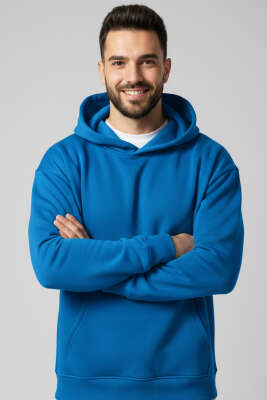 Üç İplik Kapüşonlu Unisex Sweatshirt Mavi - GÜRZA TEKSTİL