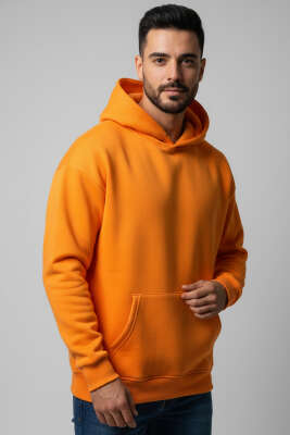 Üç İplik Kapüşonlu Unisex Sweatshirt Oranj - GÜRZA TEKSTİL