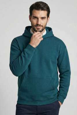 Üç İplik Kapüşonlu Unisex Sweatshirt Petrol - GÜRZA TEKSTİL