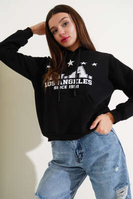 Üç İplik L.A Baskılı Sweatshirt Siyah - Kadın Giyim Modelleri